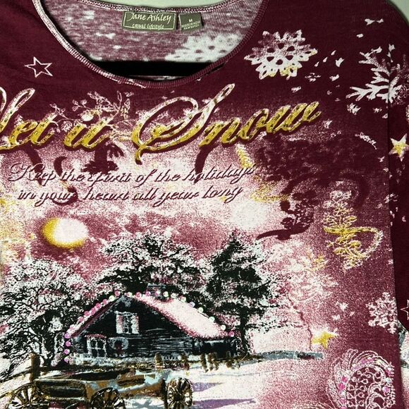 Jane Ashley, Let it Snow three-quarter sleeve, sequin graphic top - Picture 6 of 9